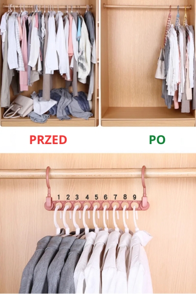 Organizer do szafy na wieszaki przed i po zastosowaniu w szafie